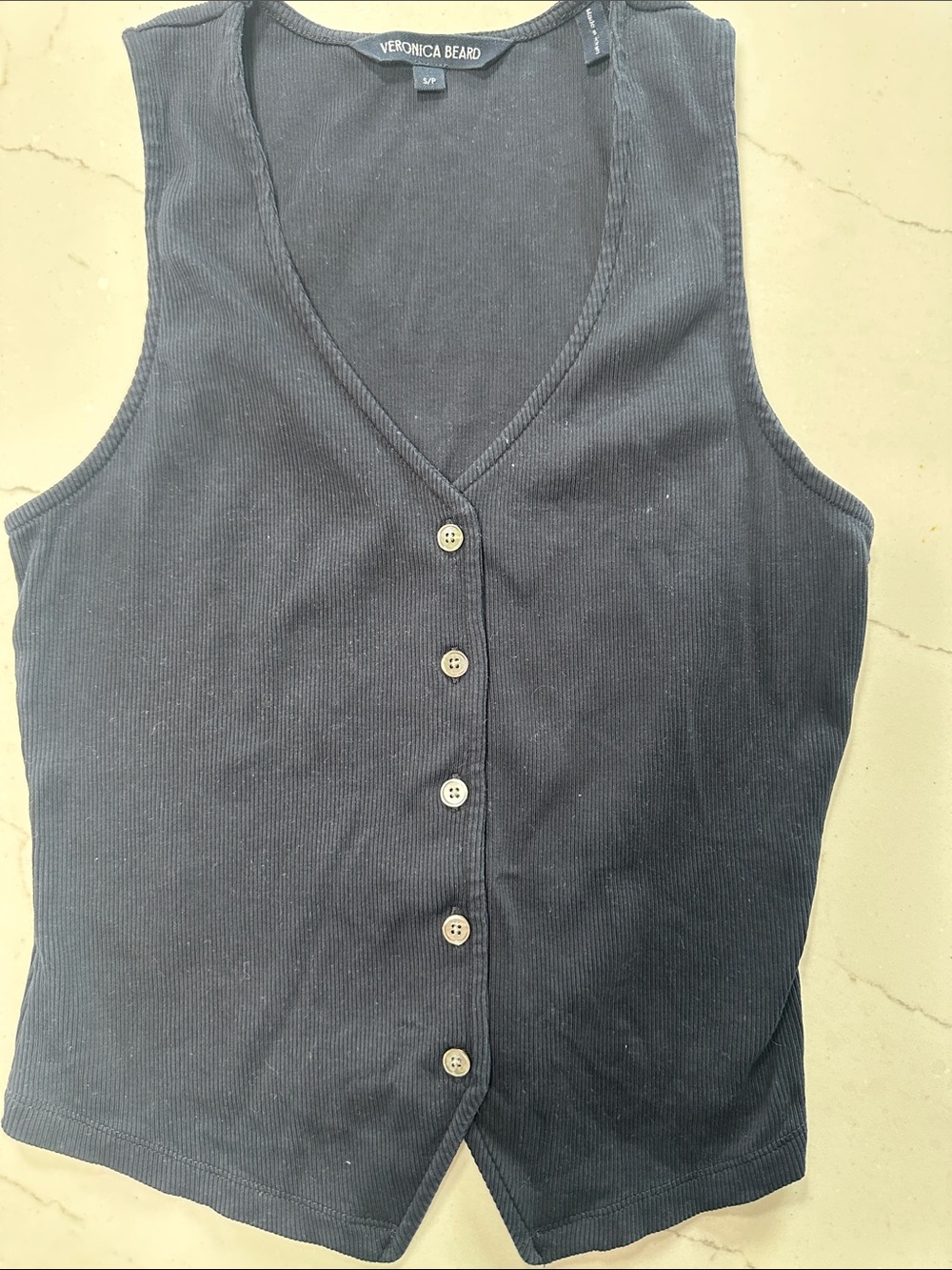 Veronica Beard Navy Ribbed Button-Front Tank